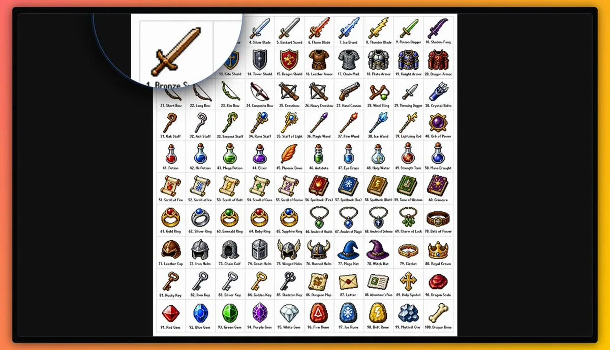 100 Pixel Art Items Grid - Premium Style