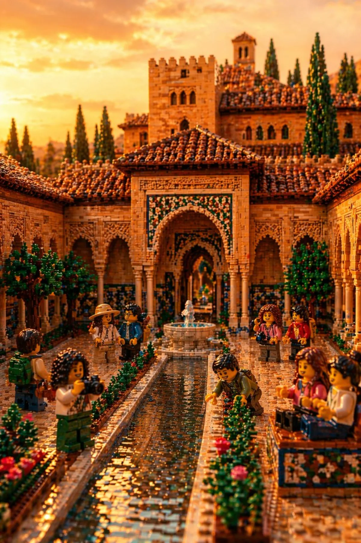A Stylized LEGO Alhambra Courtyard at Sunset