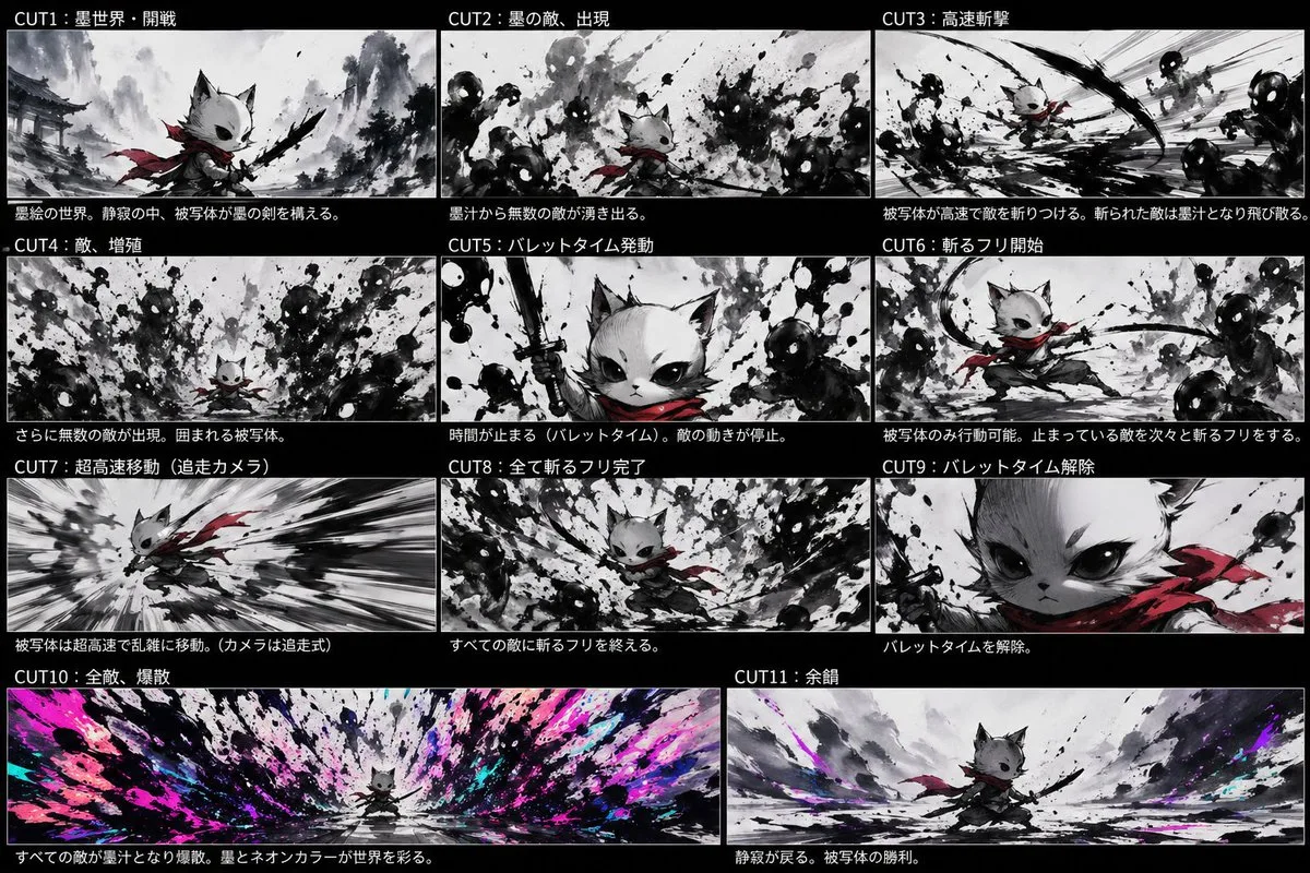Stylized Ink Neon Cat Samurai Storyboard