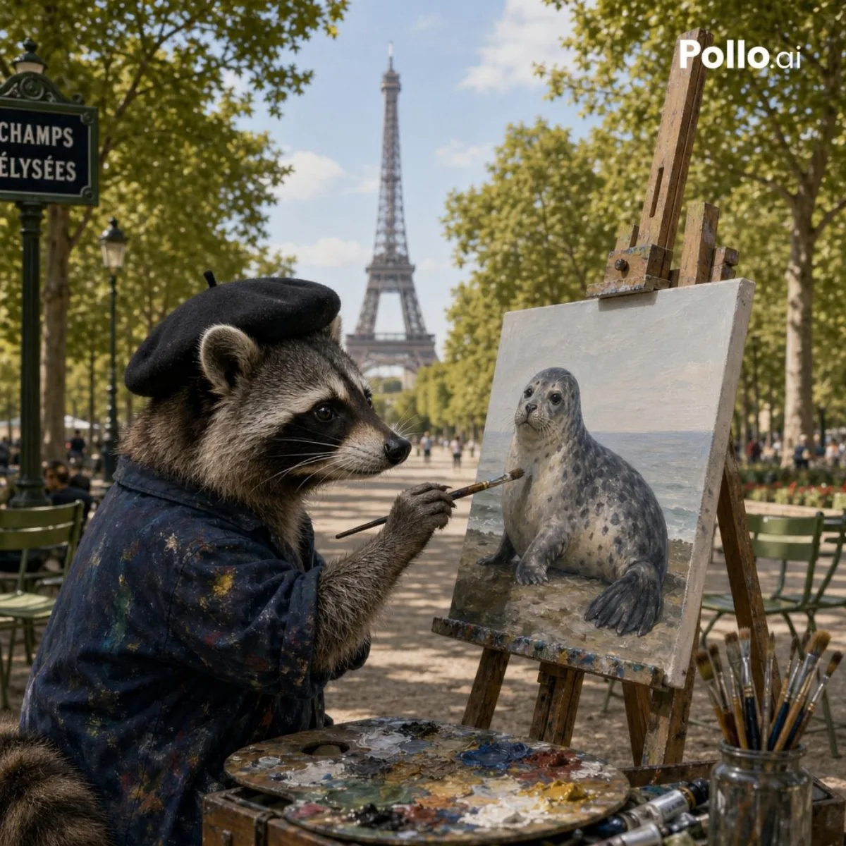 Stylized Raccoon Painter on Champs-Élysées