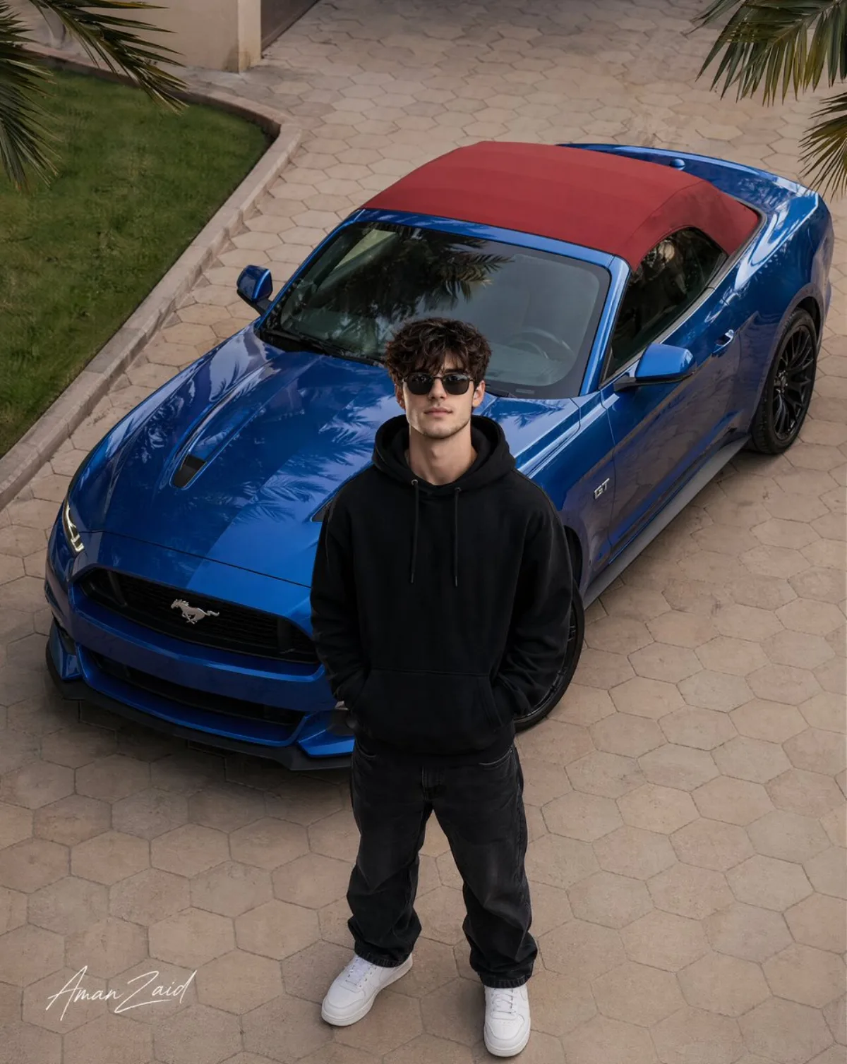 Signature Confident Man with Blue Mustang