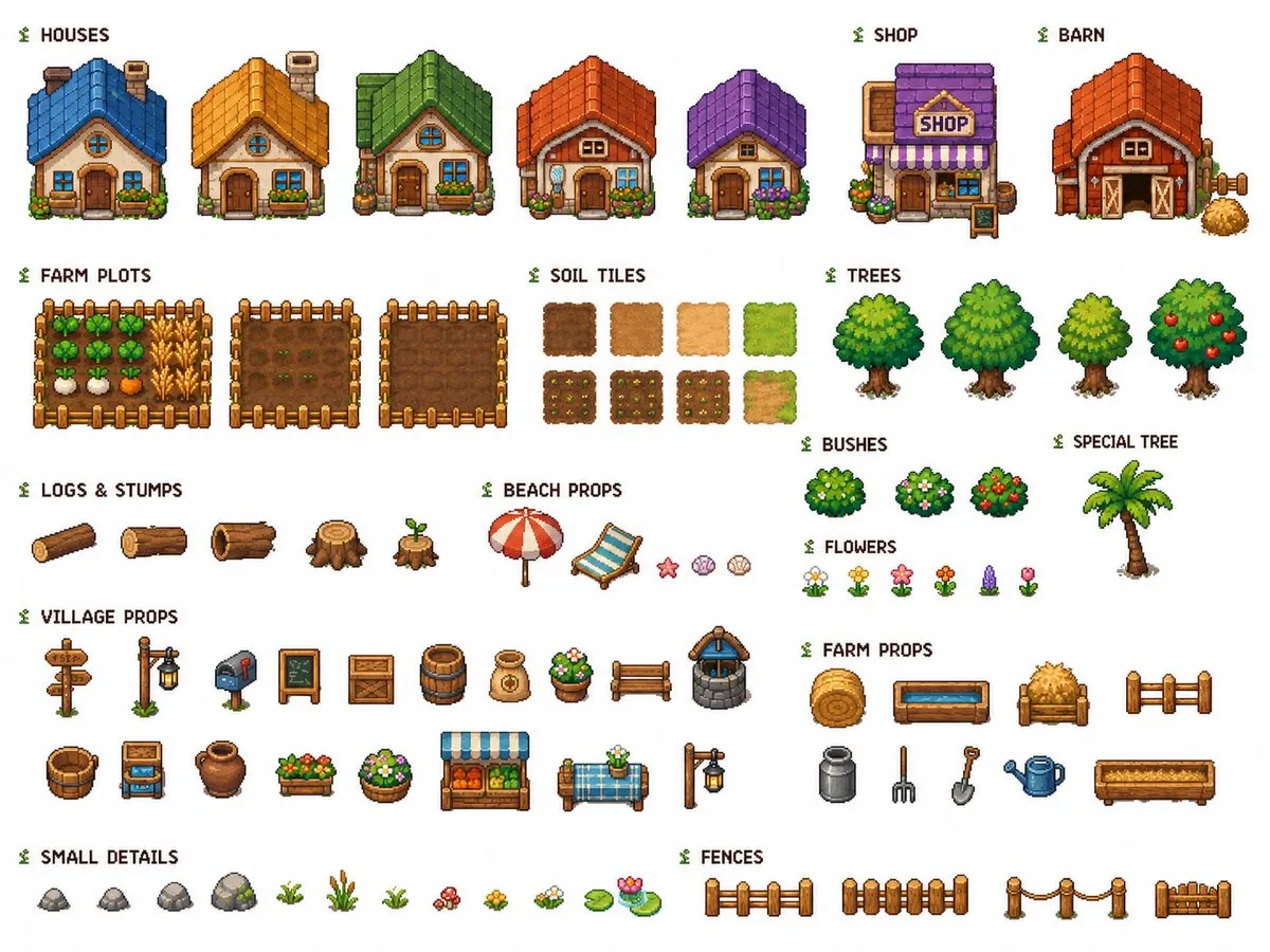 Pixel Asset Sheet for Cozy Farming Village