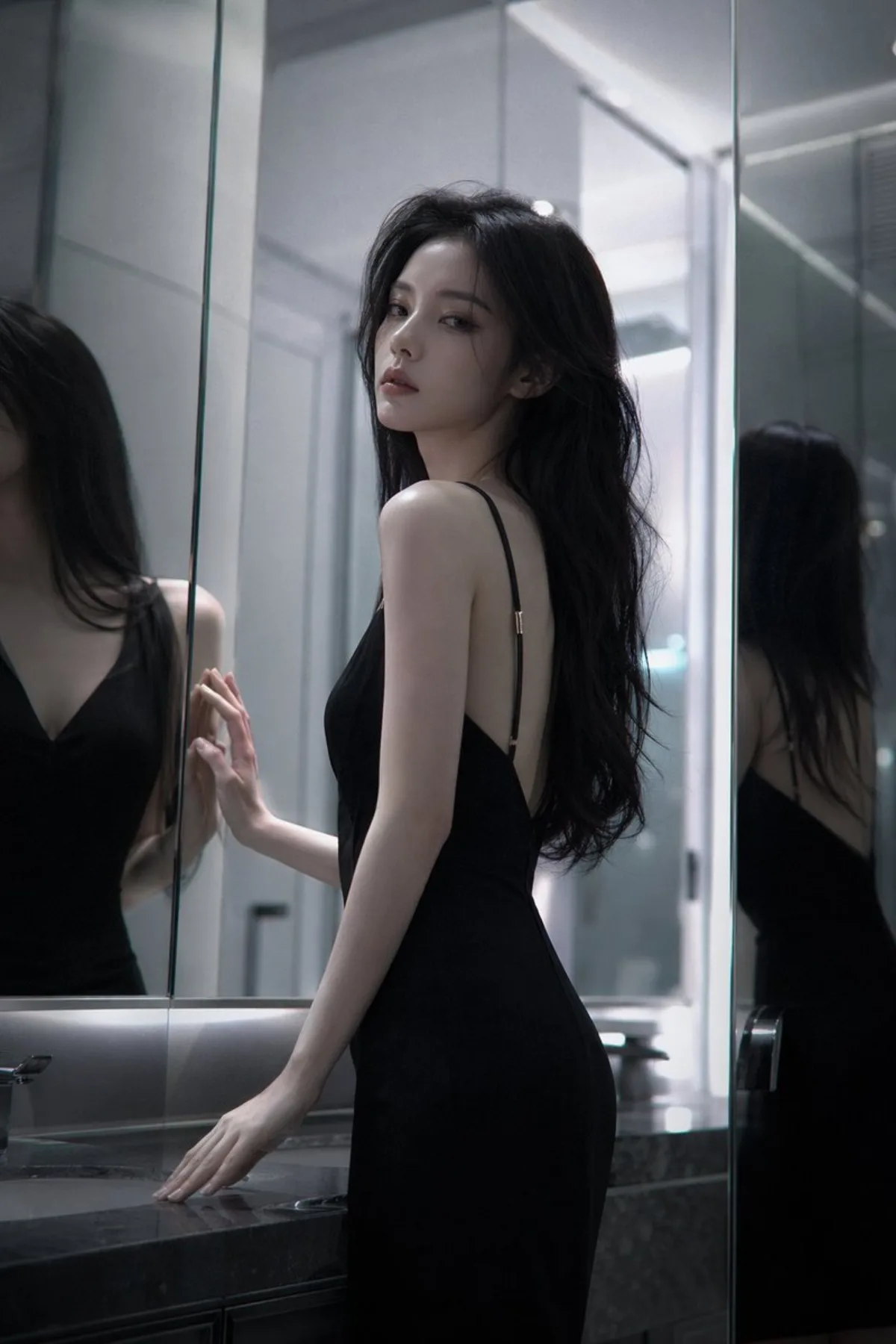 Premium Atmospheric cold glamor mirror portrait
