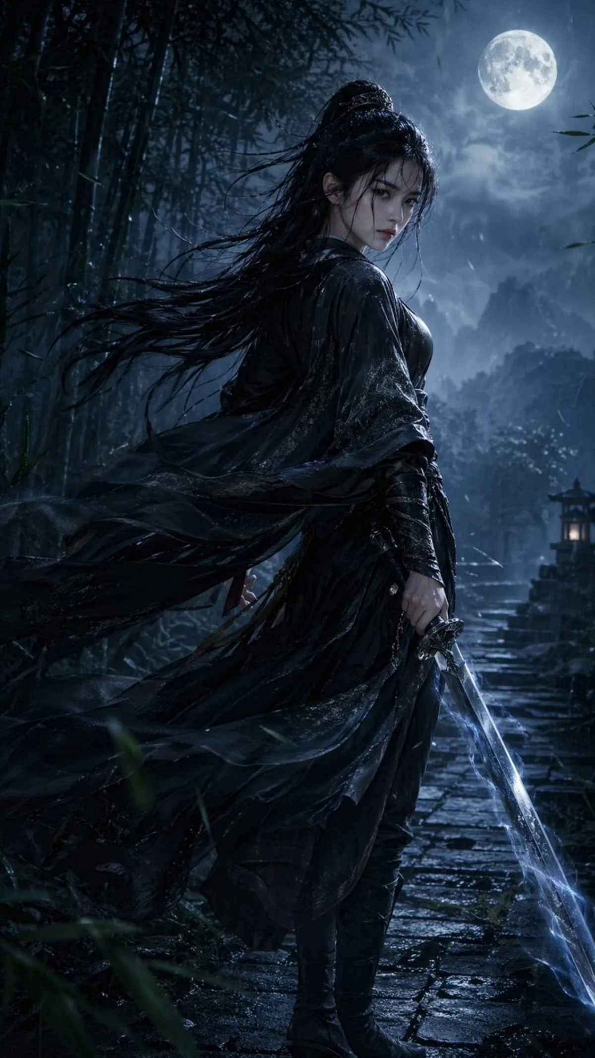 Moonlit Swordswoman in Bamboo Rain