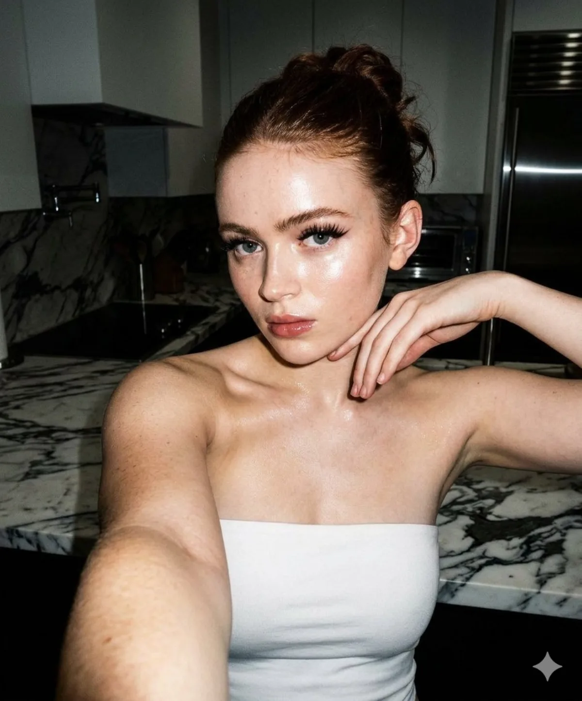 Woman taking a selfie in a modern kitchen (Signature)