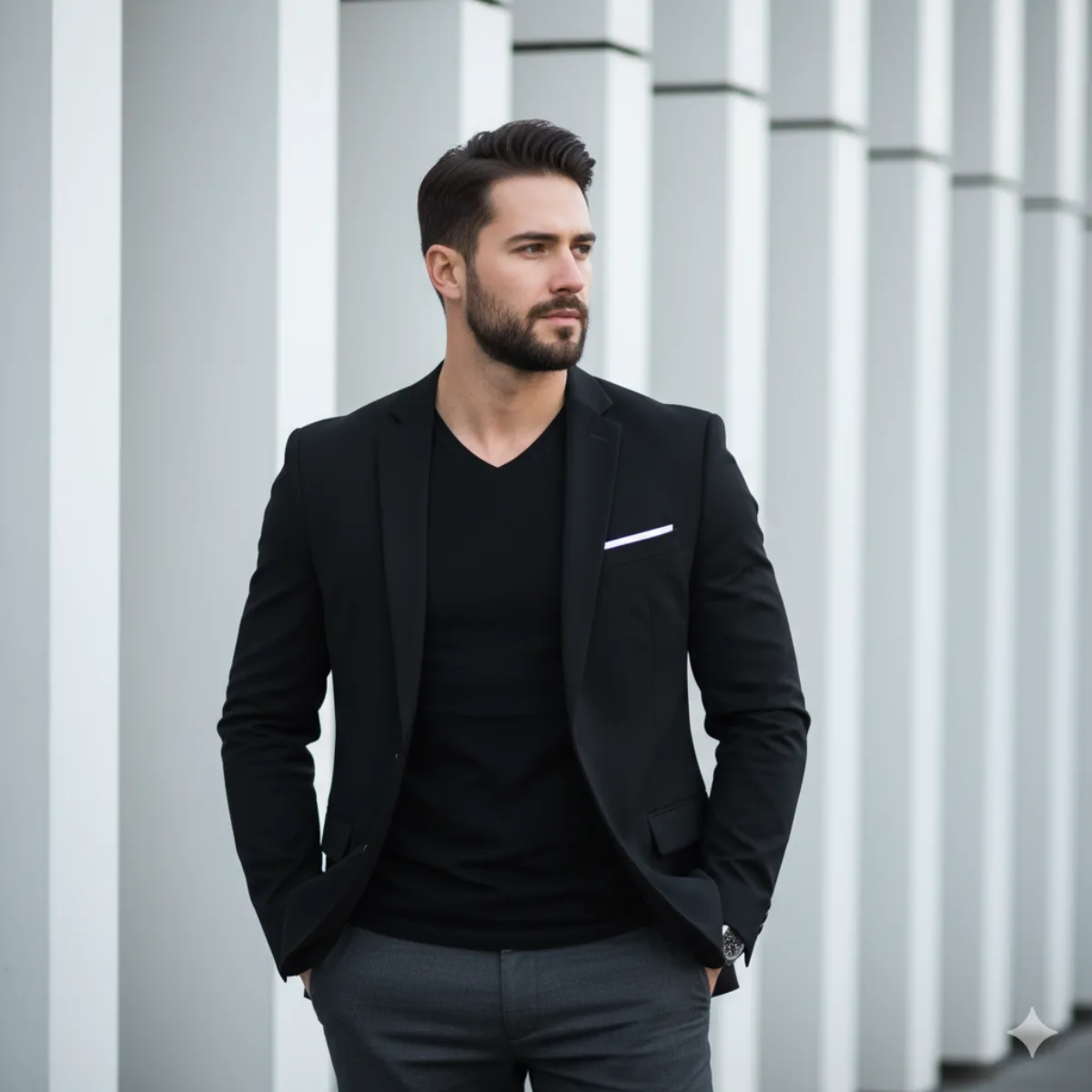Handsome Man in Black Blazer, Modern Architectural Backgroun: A Stylized Take