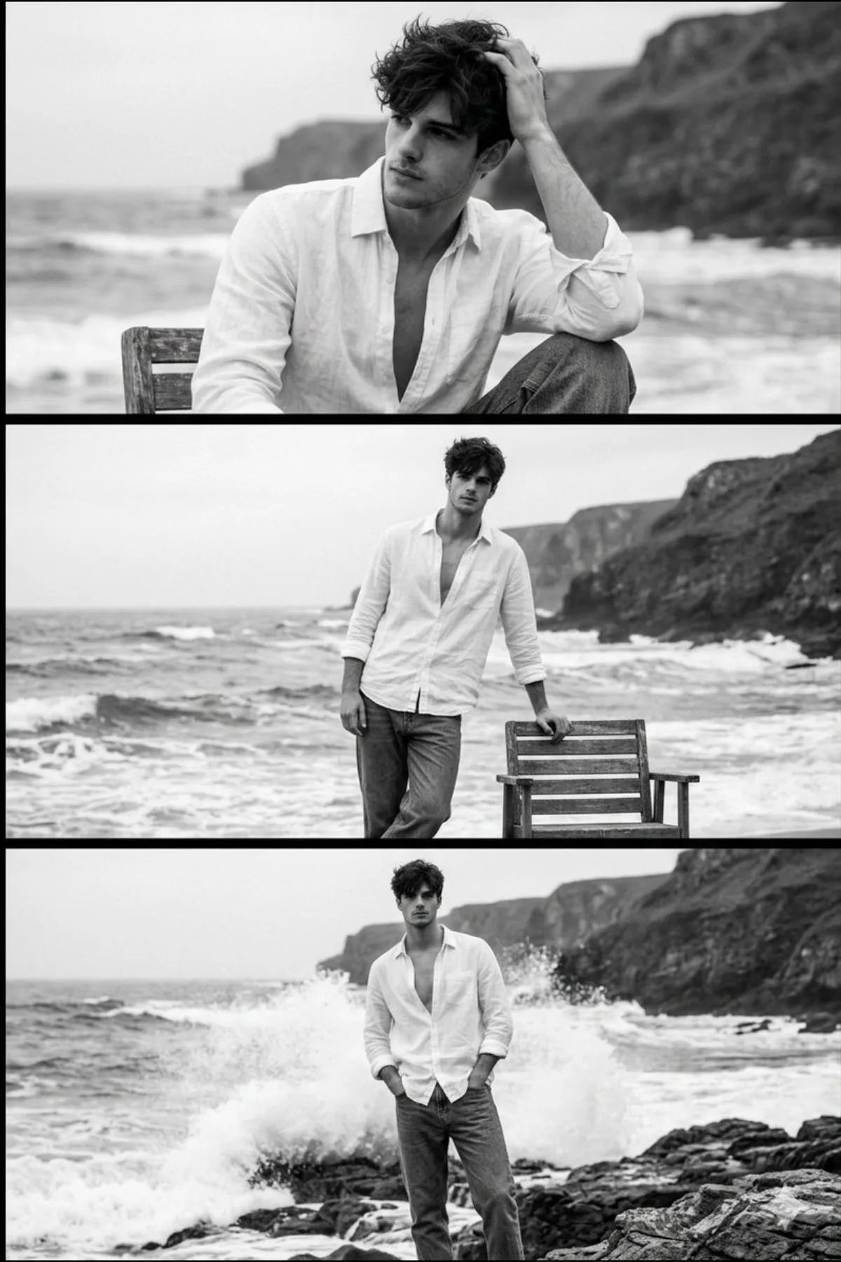 A Refined Black and White Seashore Portrait of a Man