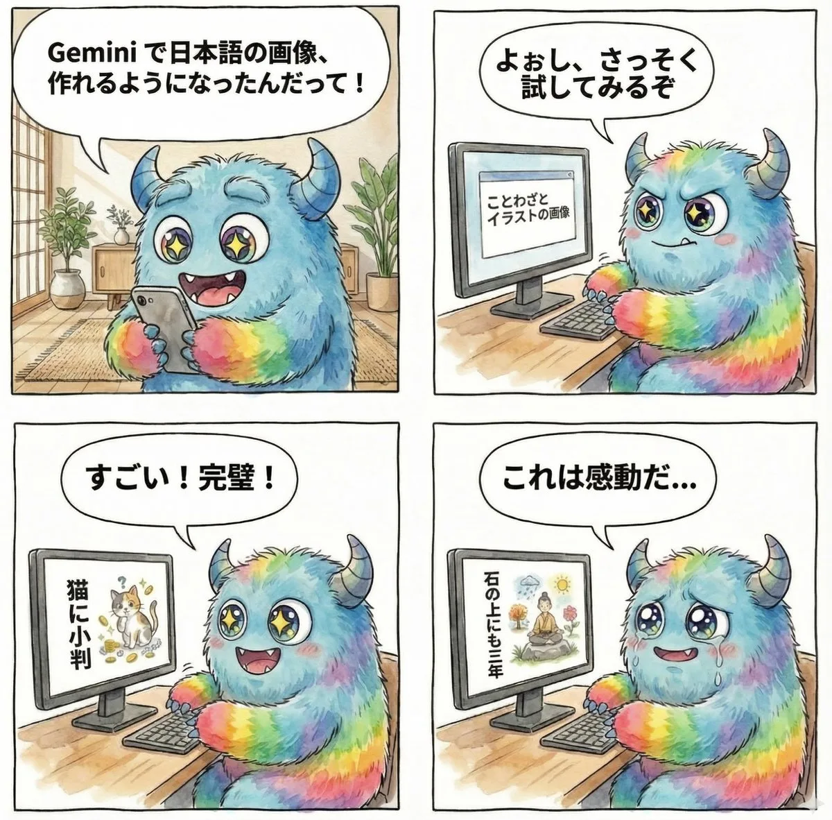 4-panel manga prompt about character discovering Gemini’s Japanese text: A Signa