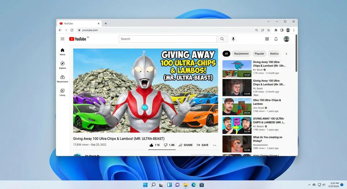 Windows 11桌面截图，含YouTube和奥特曼缩略图