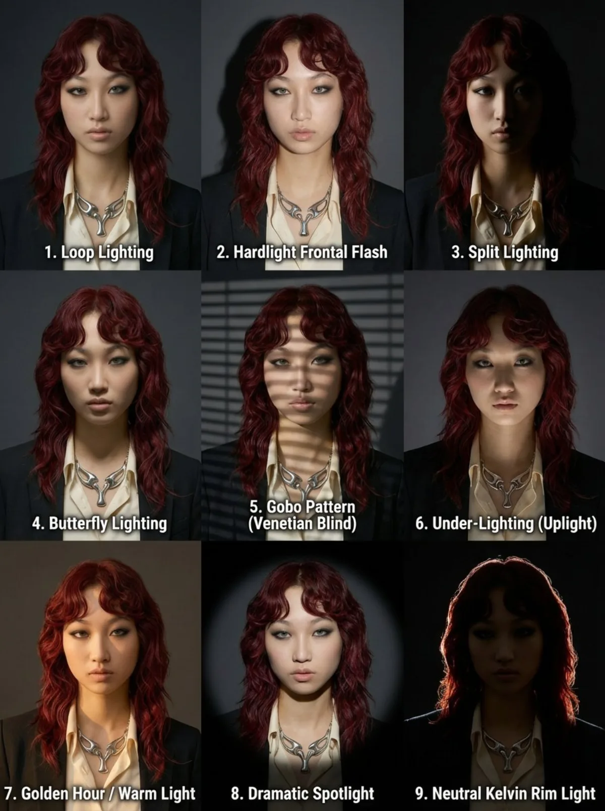 9-Panel Portrait Grid with Varied Lighting (Editorial)