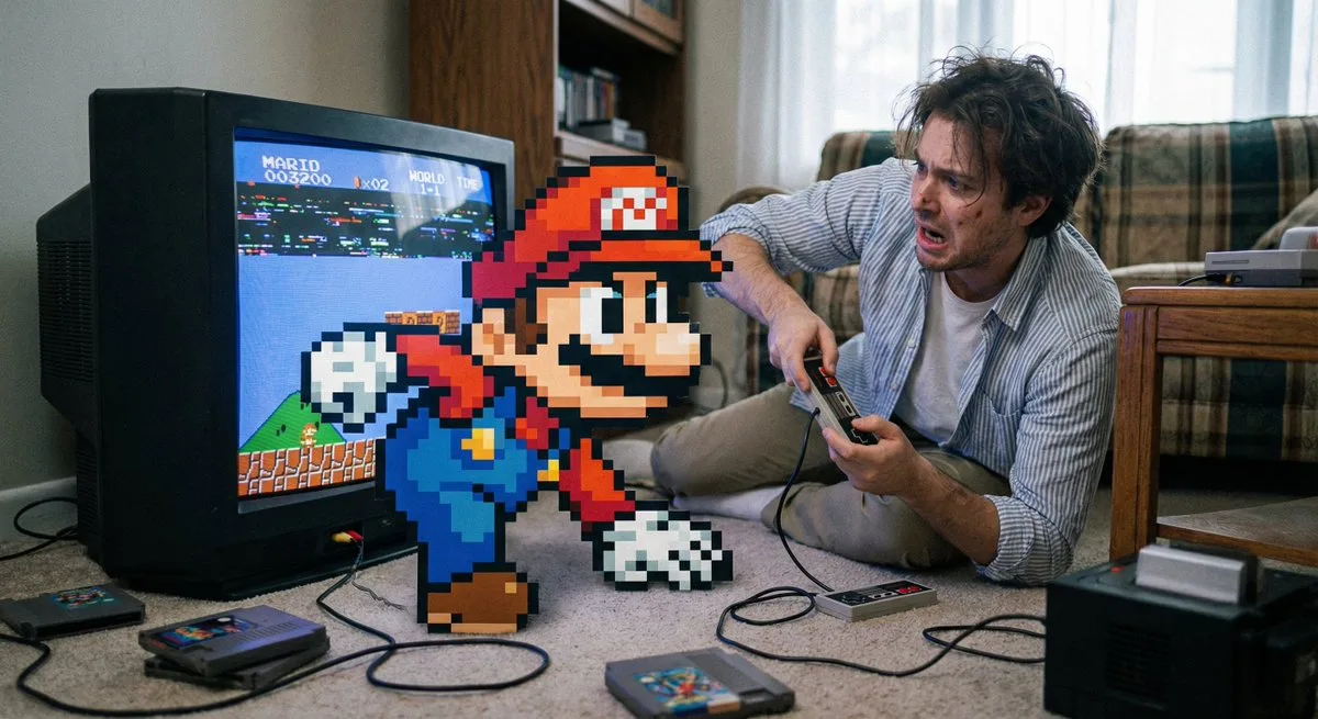 Pixelated game character climbing out of TV