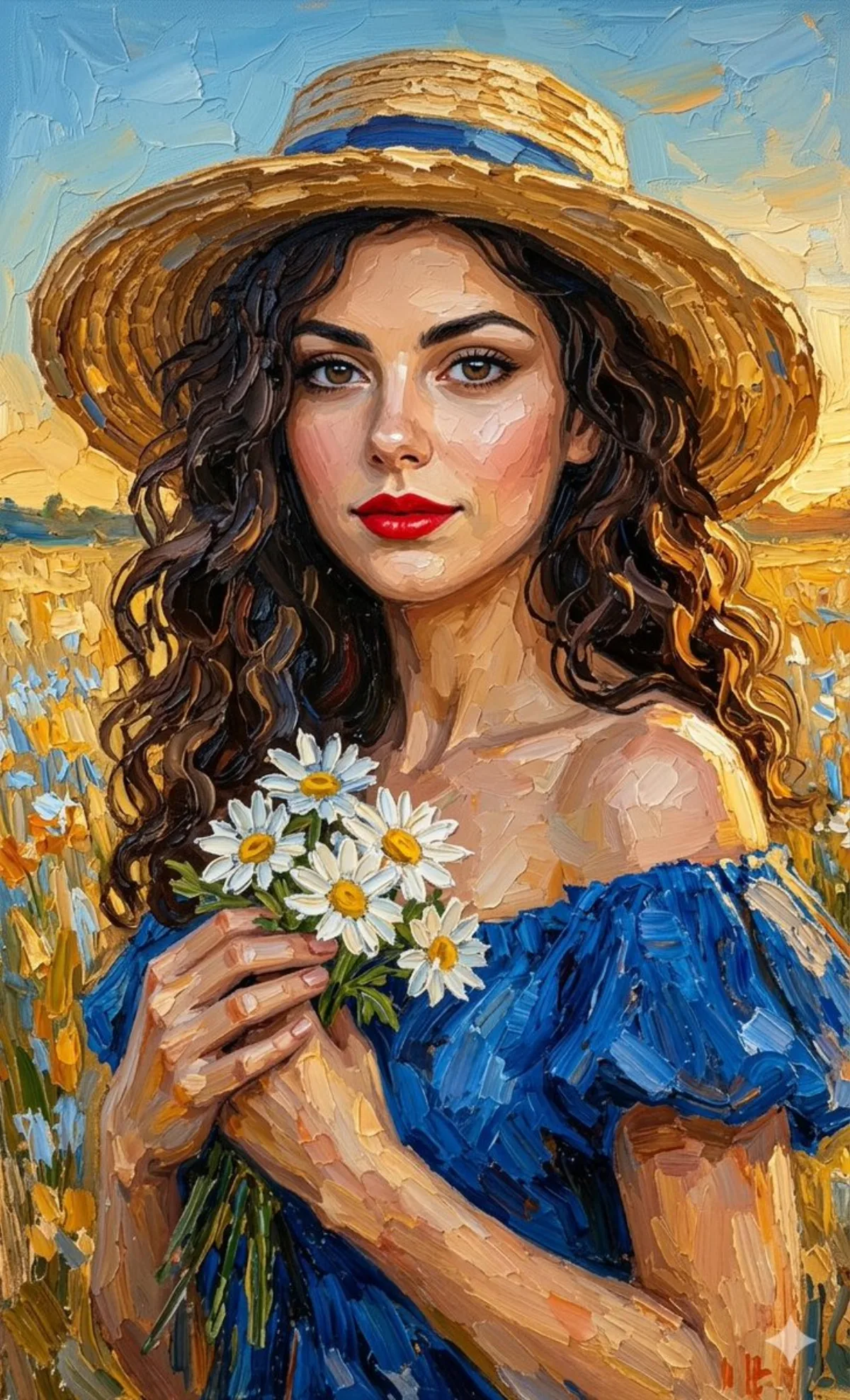 Impasto Oil Painting Portrait of a Woman in a Straw Hat (Modern)