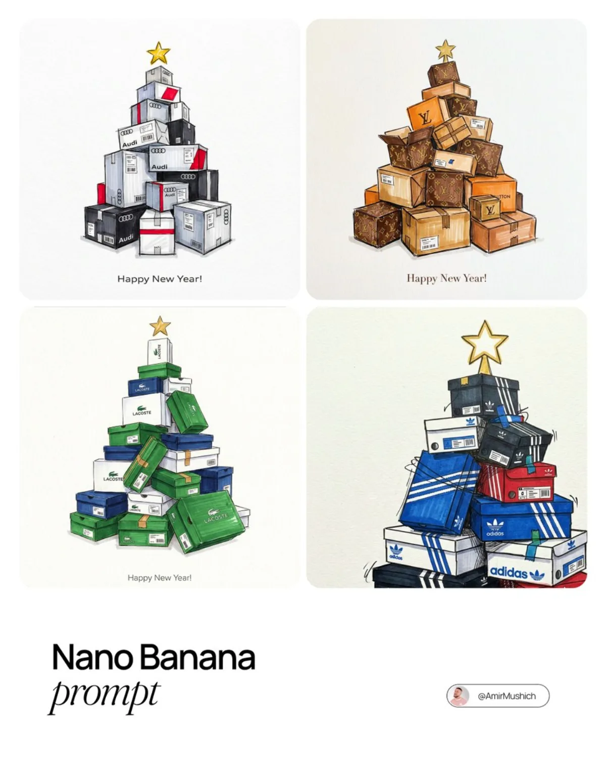 Christmas Tree of Stacked Branded Product Boxes Fashion Illustration (Studio-Gra
