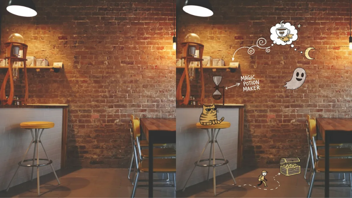 使用 Doodles on Photos 方式創作，幫我針对这張照片的场景搭配適合且有趣的画面，设计上要注意內容位置合理性，要盡量符合画面光影、空间邏輯