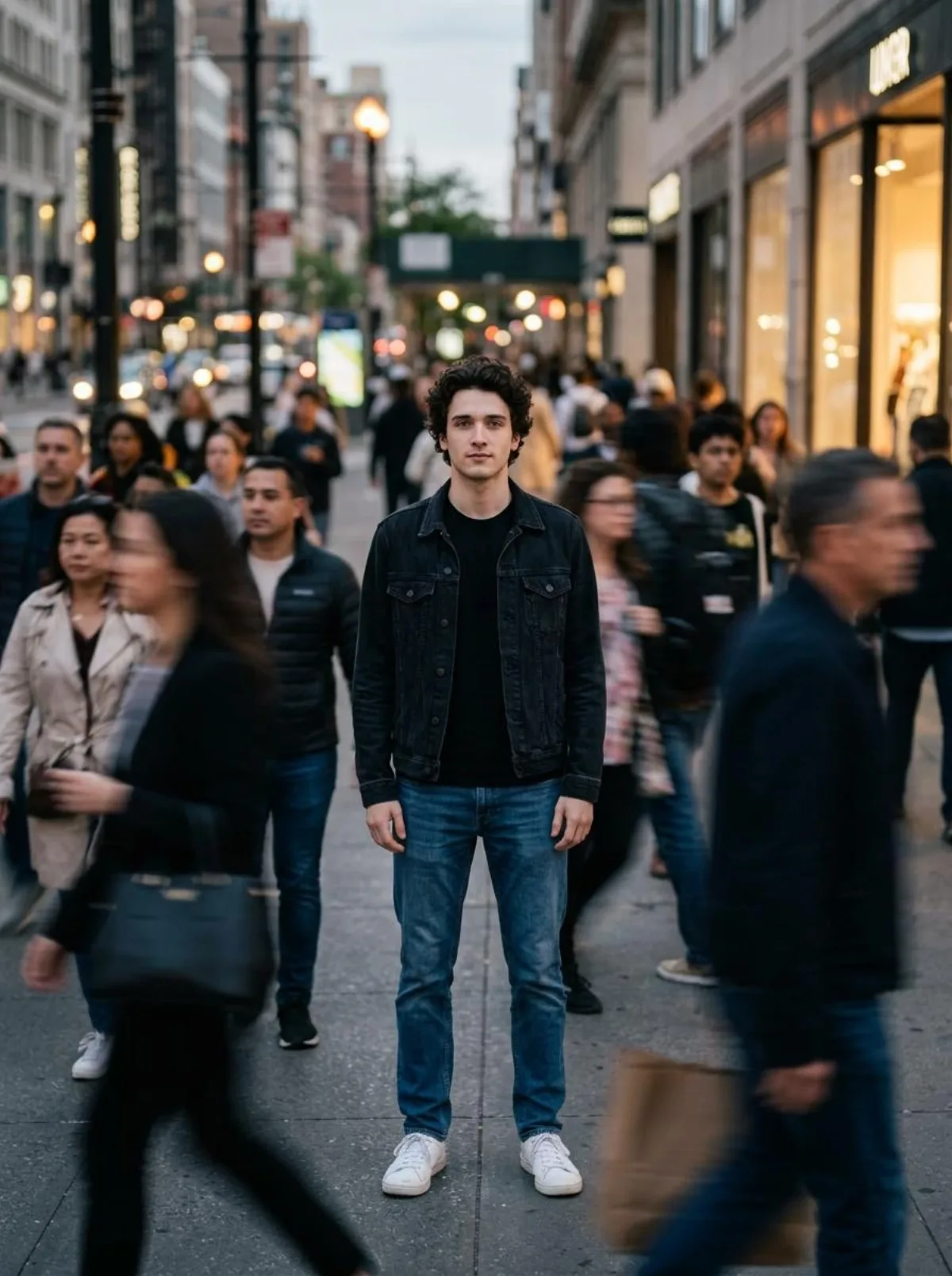 Calm in Chaos: Focused Portrait in a Busy City (Stylized)
