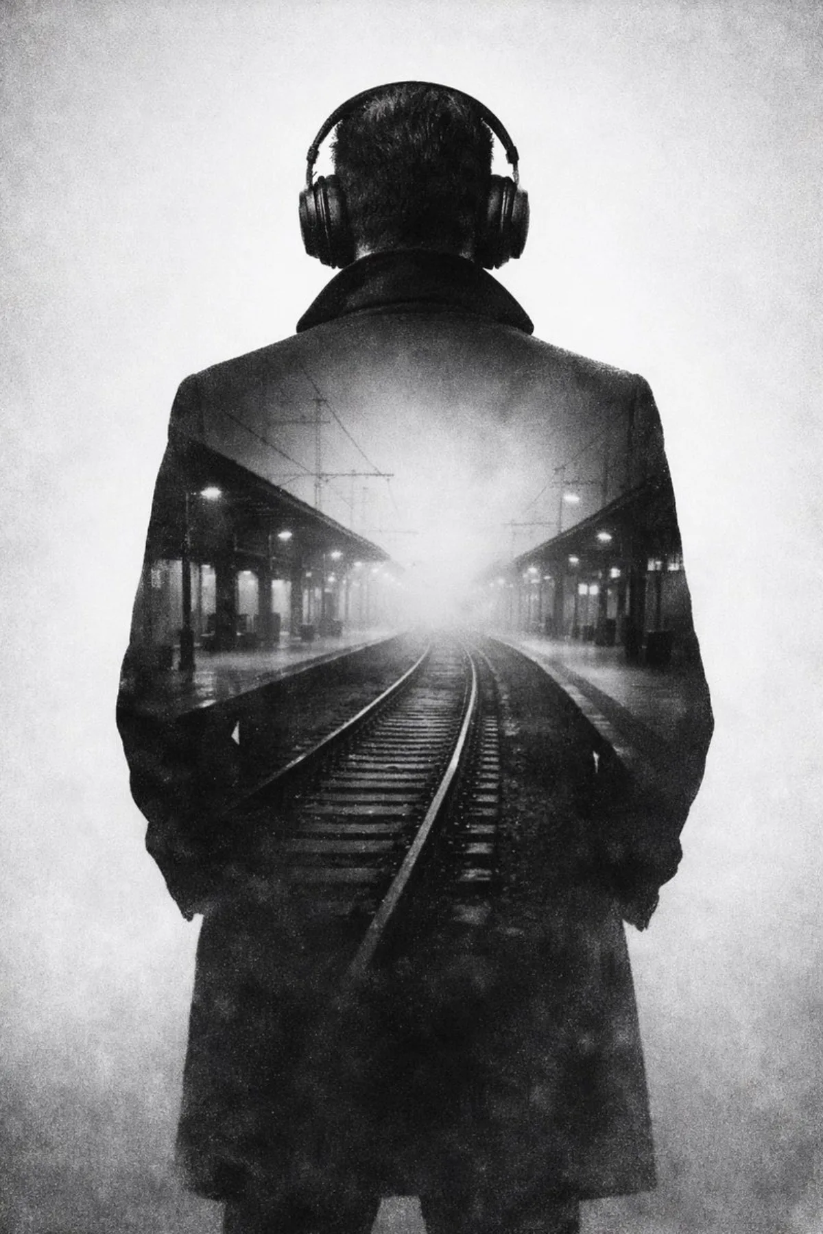 Double Exposure Portrait of Man in Hat and European Alleyway, Black and White