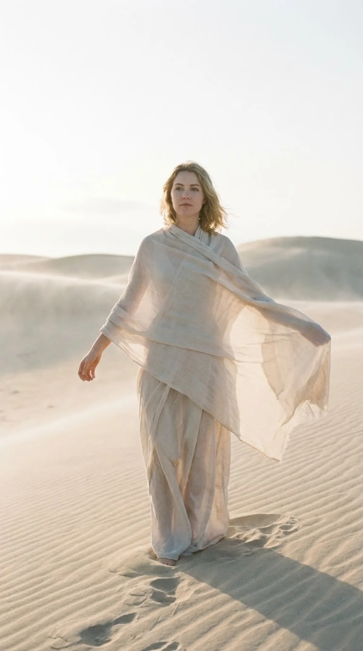 Ethereal Dawn Portrait in Sand Dunes: A Crafted Take
