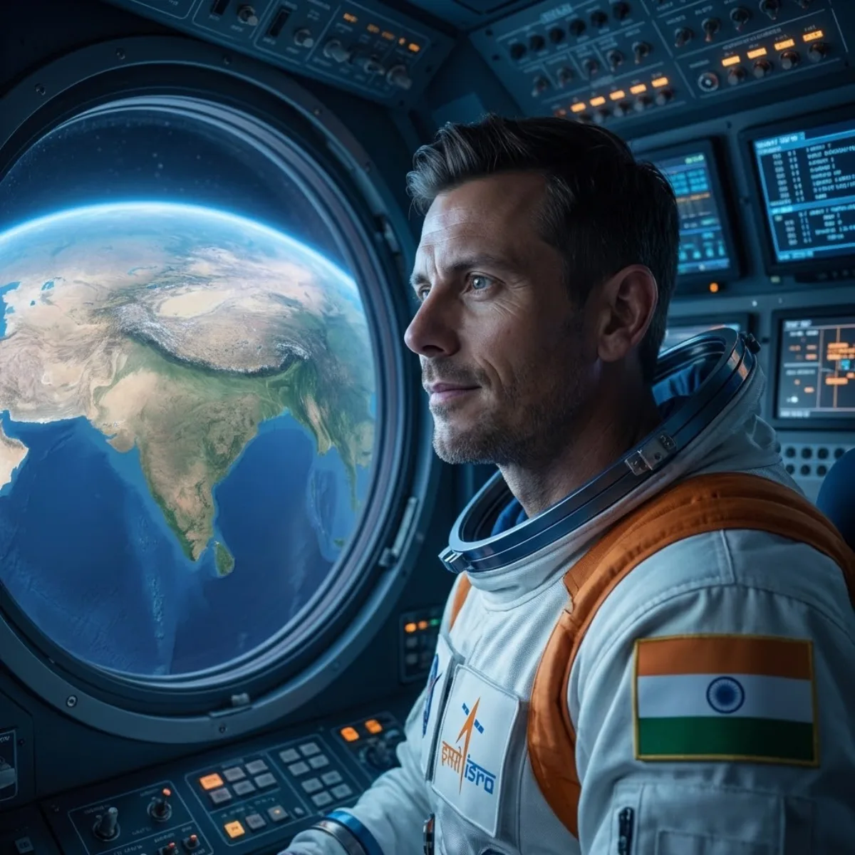 Curated Astronaut in Indian Spacecraft Looking at Earth