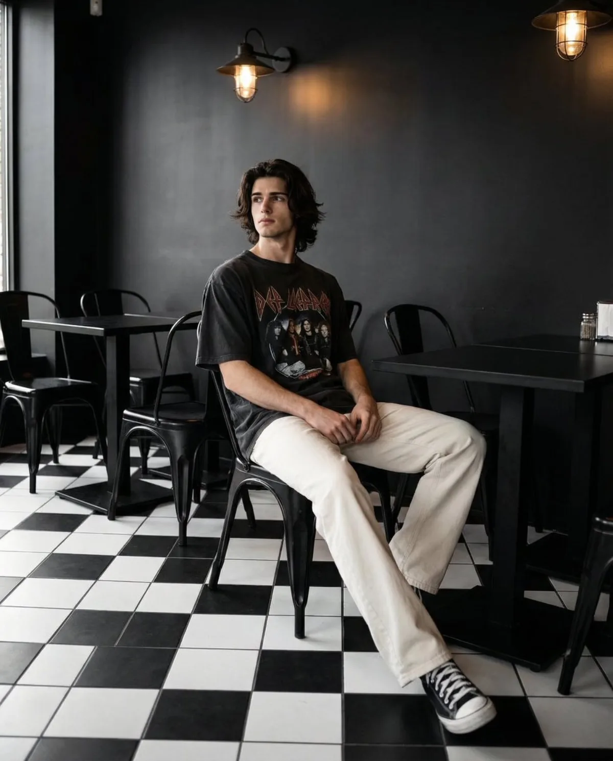 Stylish Man in Monochrome Cafe Portrait - Premium Style