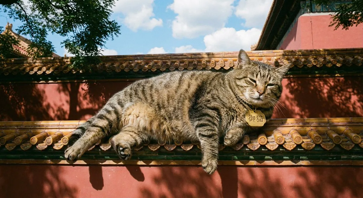 胖橘猫晒太阳在故宫屋顶