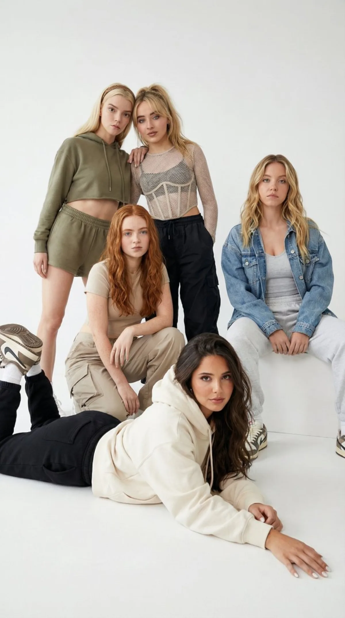 Five Young Women in Modern Streetwear Studio Portrait: A Premium Take