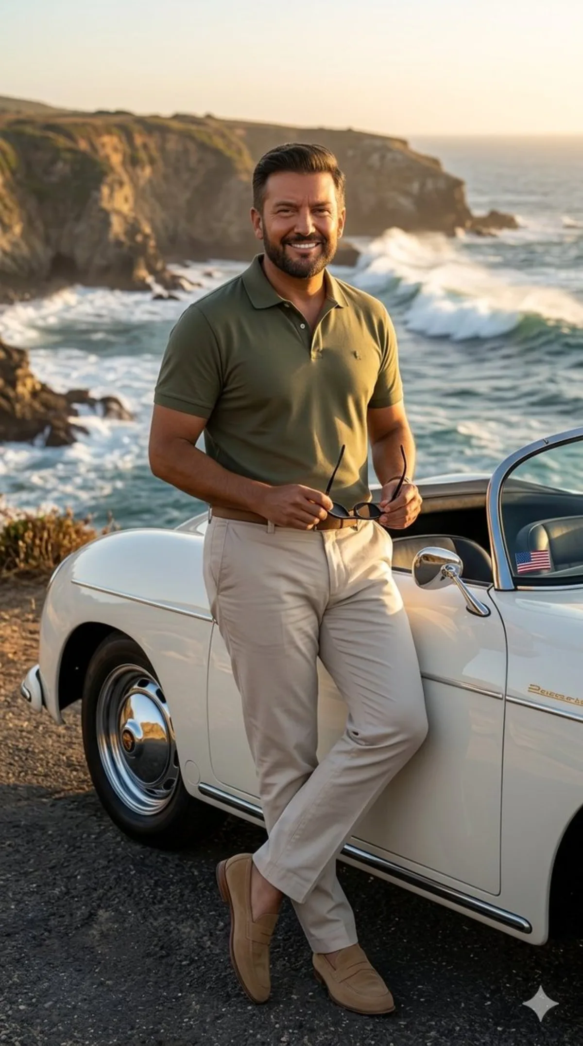 Man with Vintage Car on Coastal Road at Sunset: A Hero Take