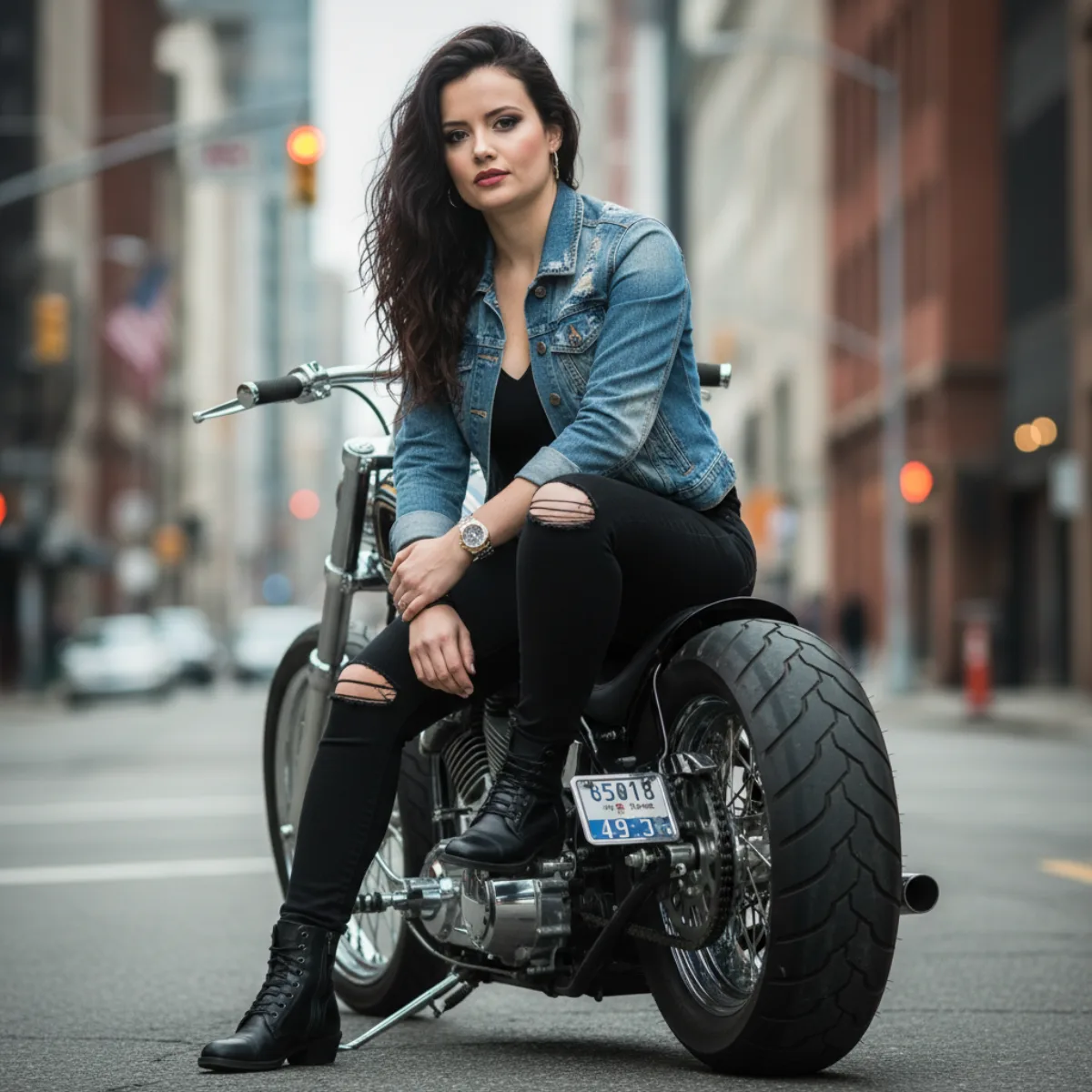 A Curated Biker-Chic Woman on Motorcycle Urban Portrait