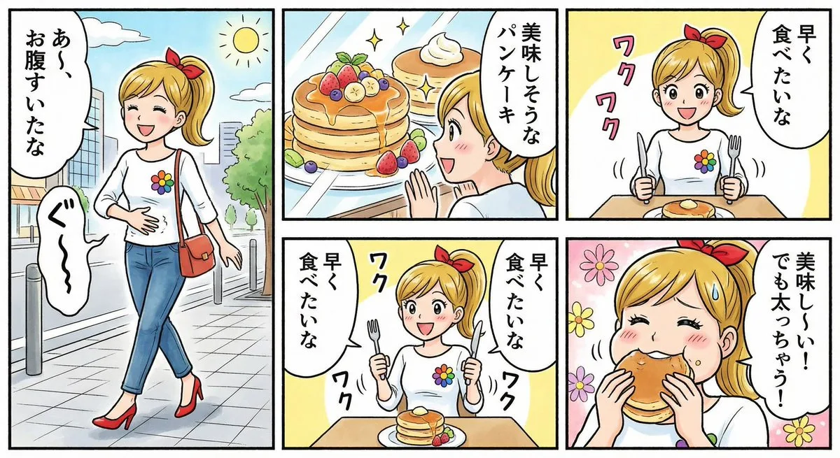 A Stylized Detailed four-panel manga about a woman craving pancakes