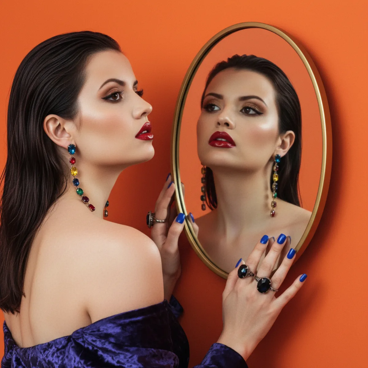 A Stylized High-Fashion Dual Portrait with Mirror Reflection