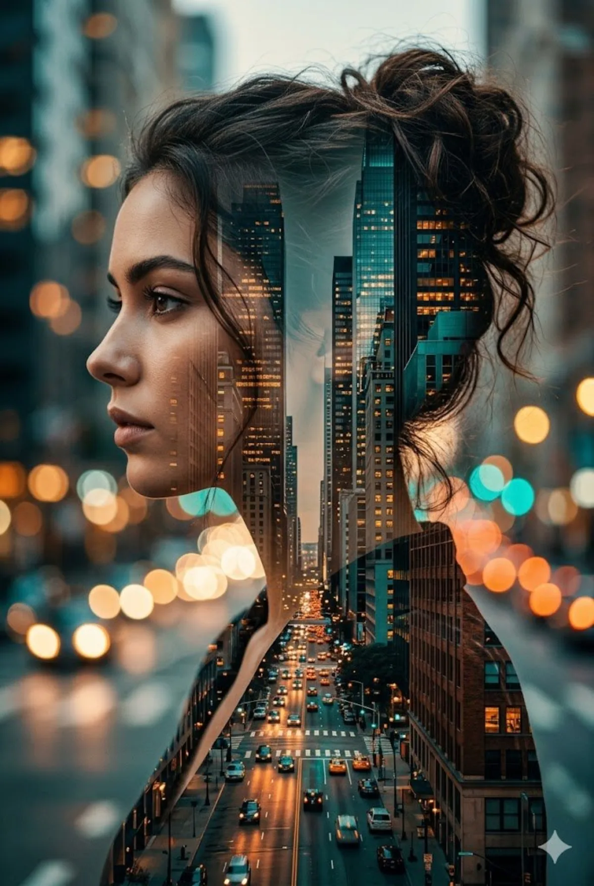 A Hero Cinematic Double Exposure Portrait of Actress in City