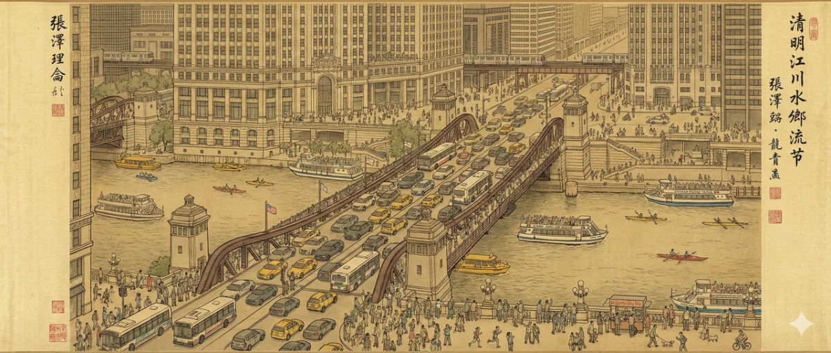 Traditional Chinese Handscroll Of Modern Chicago Riverwalk (Studio-Grade)
