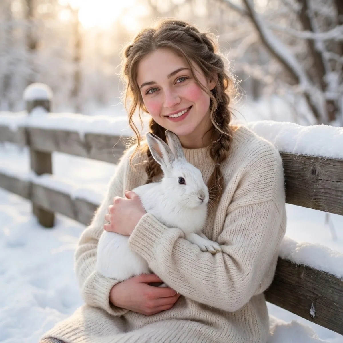 A Signature Cozy Winter Portrait with White Hare