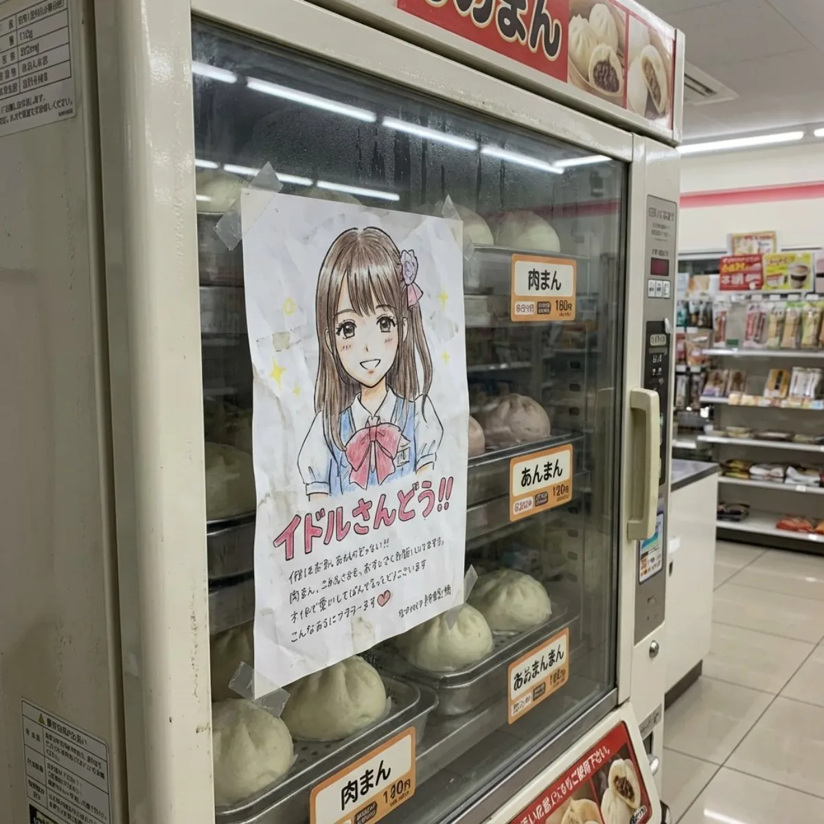 Hand-drawn idol flyer on steamed bun vending machine: A Modern Take