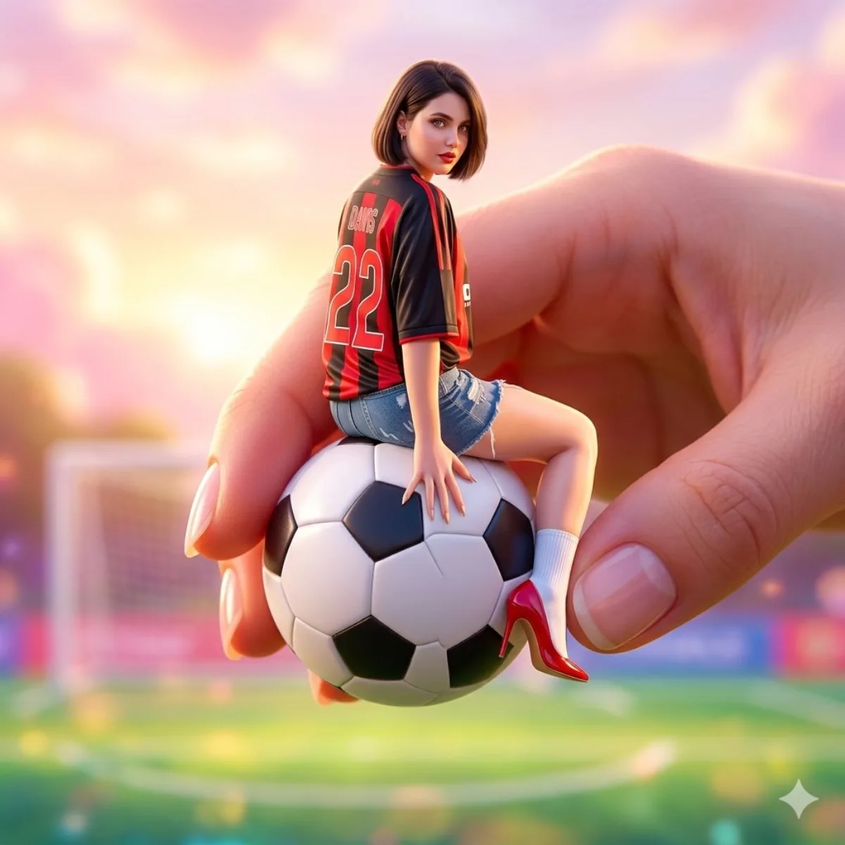 Miniature Girl on Giant Soccer Ball, Surreal Scene - Studio-Grade Style