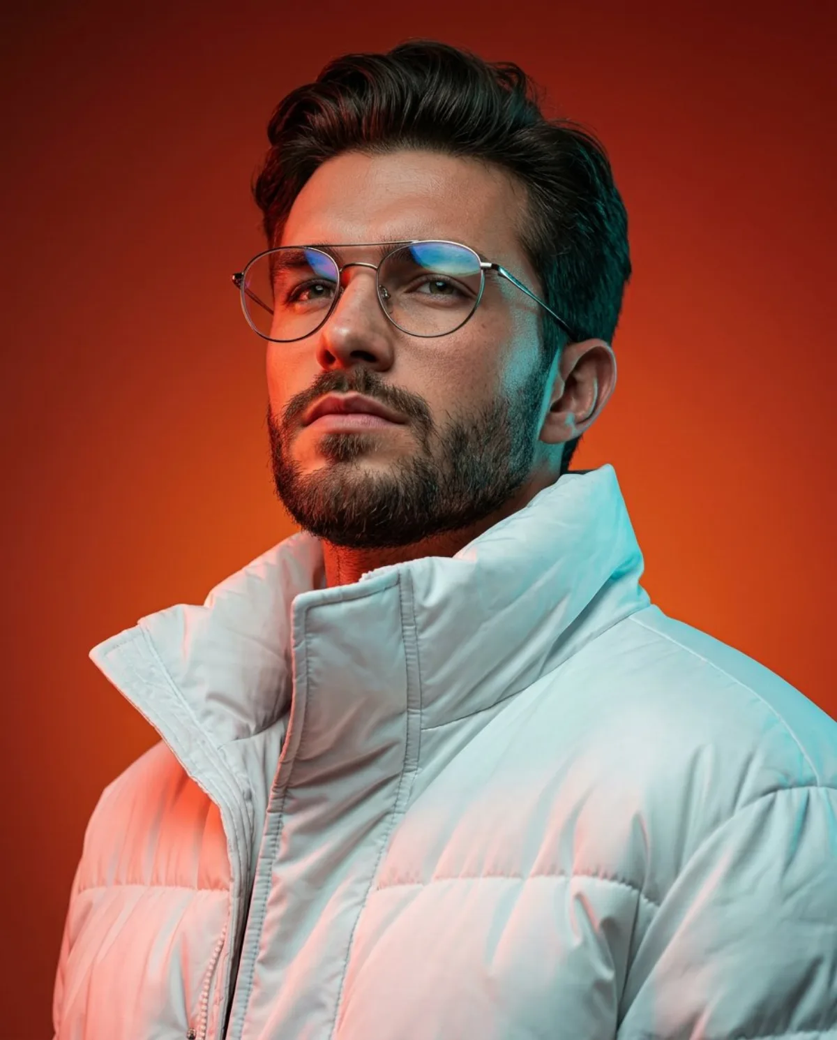 A Crafted Cinematic Portrait of Man in Futuristic Puffer Jacket