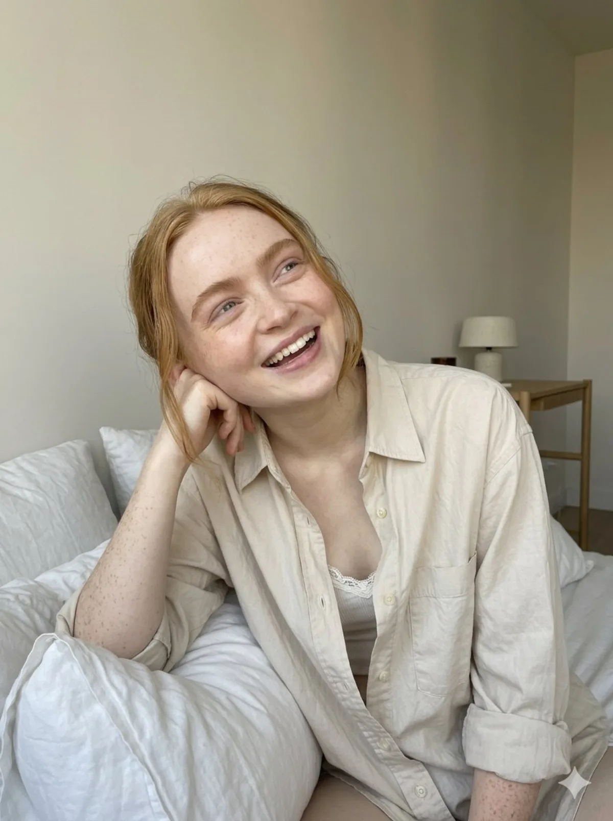 A Refined Playful Selfie of a Young Woman with Freckles