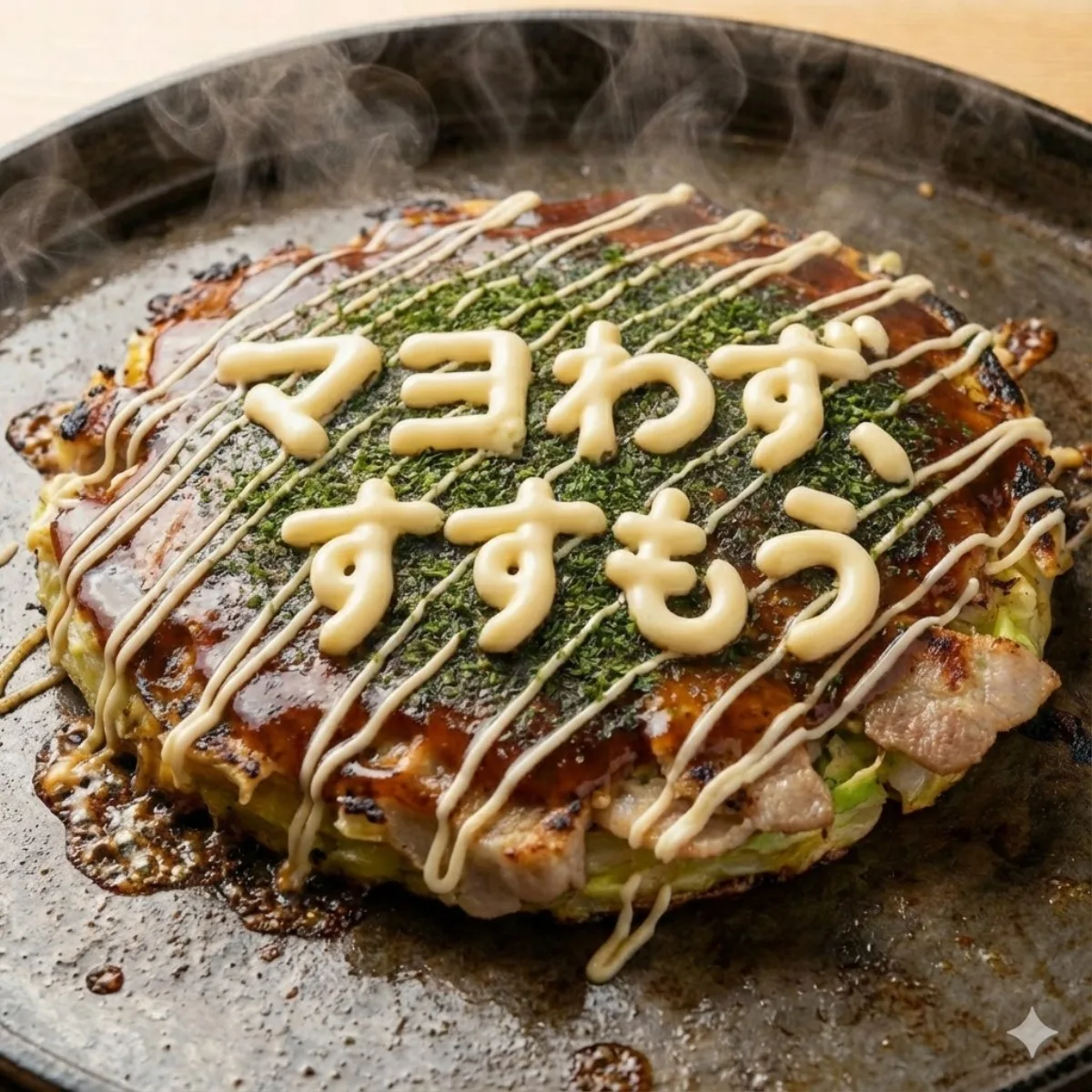 Close-up of sizzling okonomiyaki on an iron plate