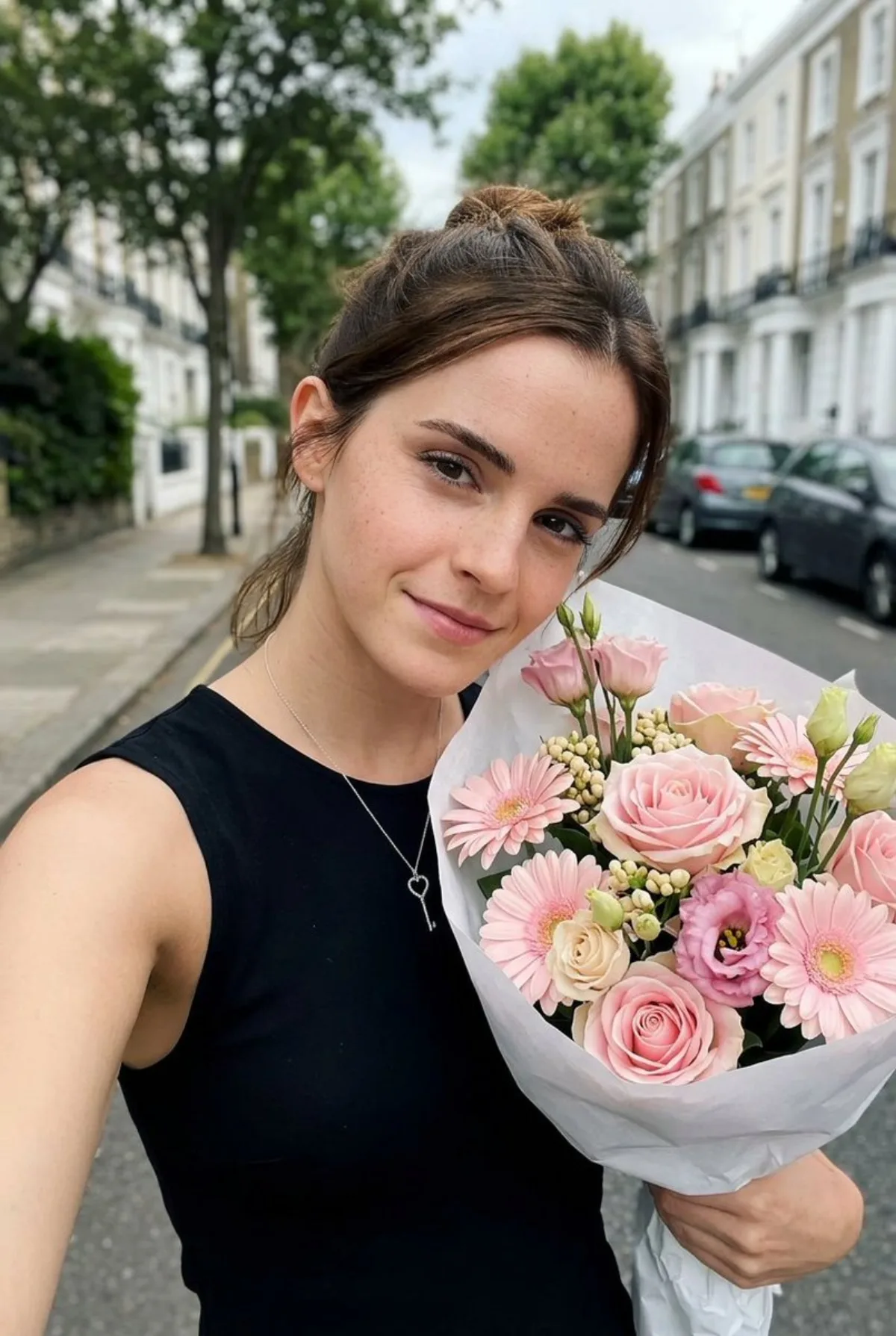 进阶风Selfie with Pastel Pink Flower Bouquet on European Street