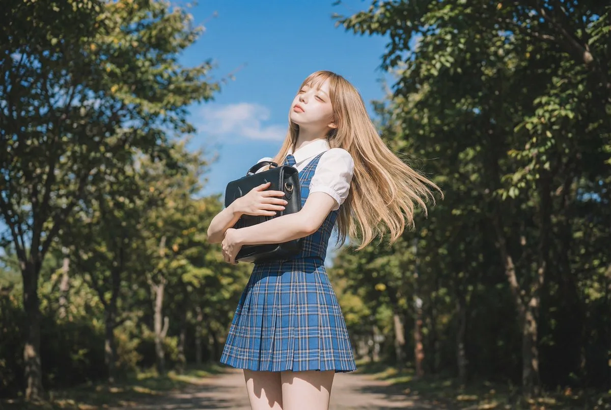 精选风林荫道上穿校服的金发女孩