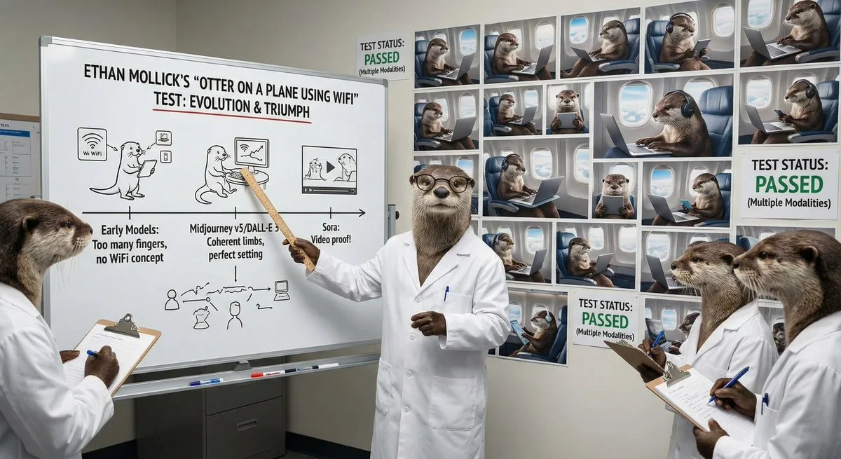Otter scientists explaining the otters-on-a-plane benchmark