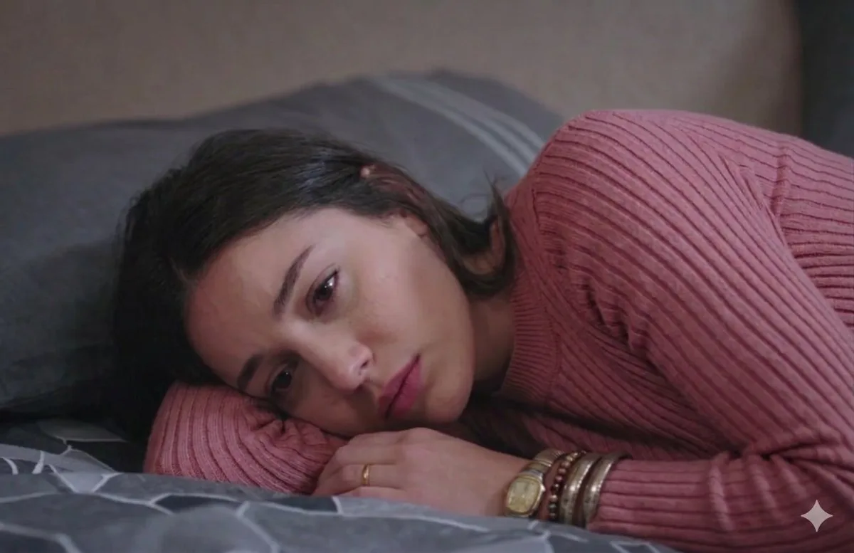 Somber Woman in Pink Turtleneck on Bed - Studio-Grade Style