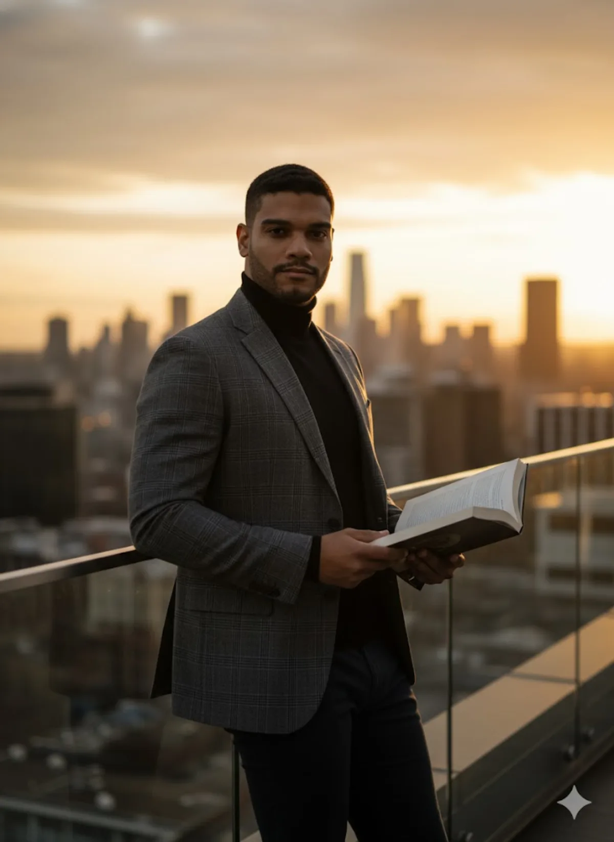 Stylish Man on Urban Terrace at Sunset