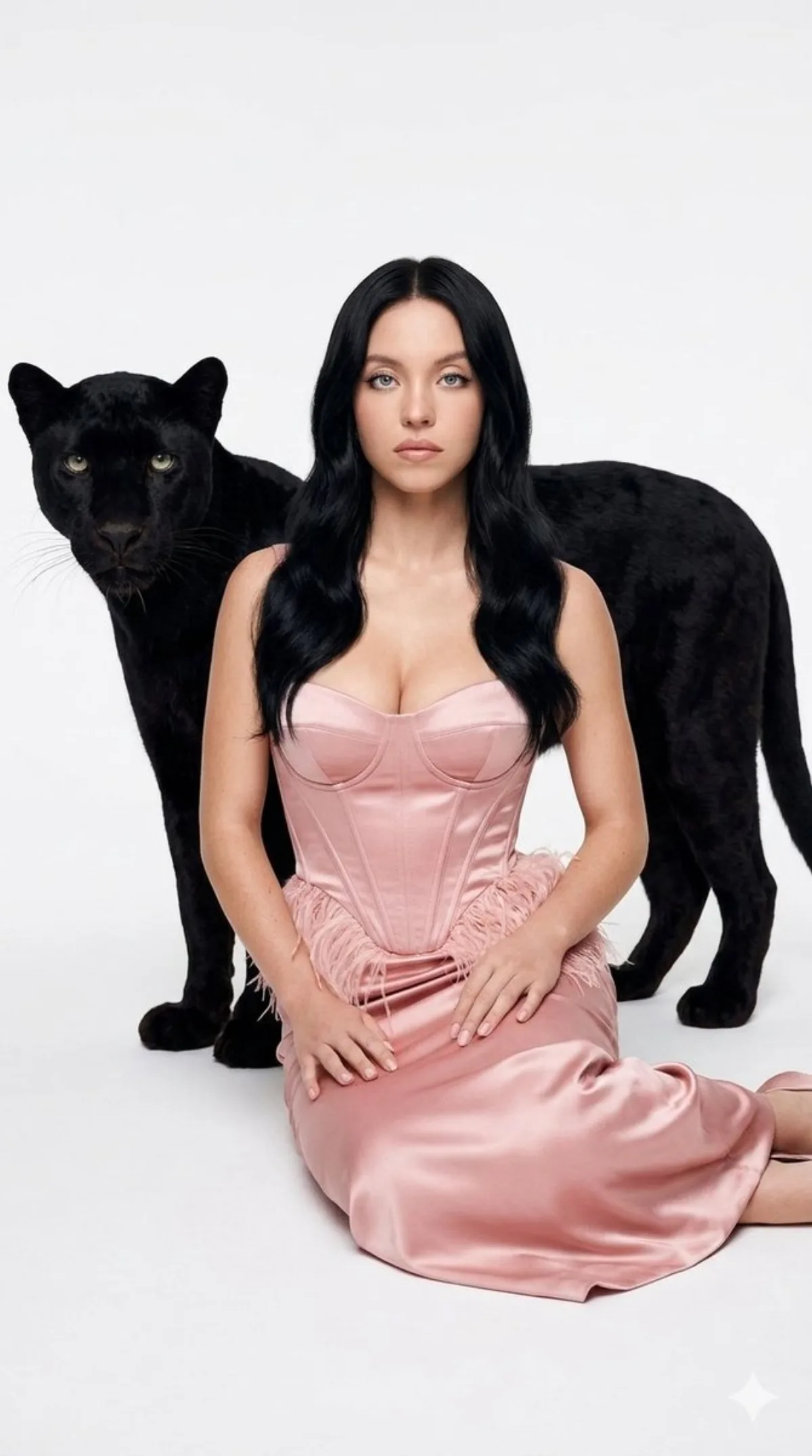 Portrait of a Woman with Black Panther in White Studio