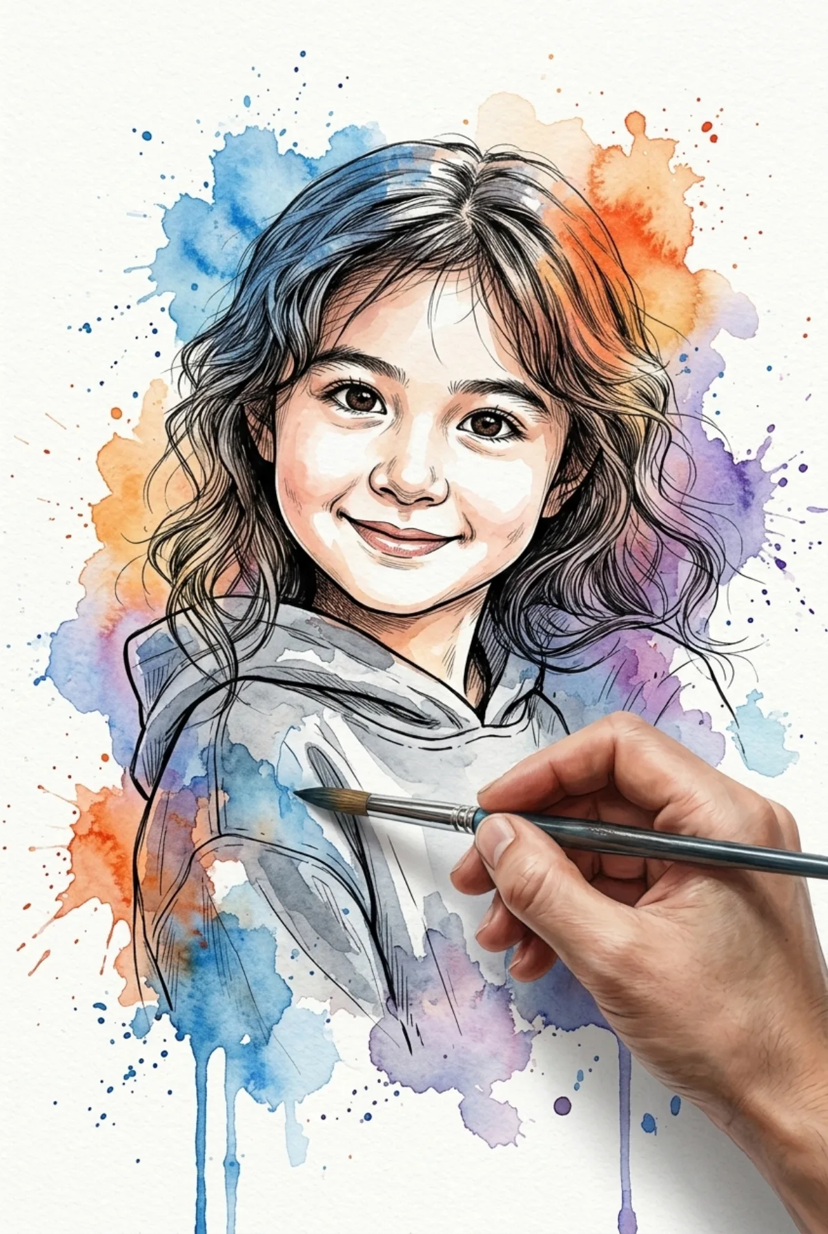 Watercolor Portrait with Dynamic Paint Splashes - Crafted Style