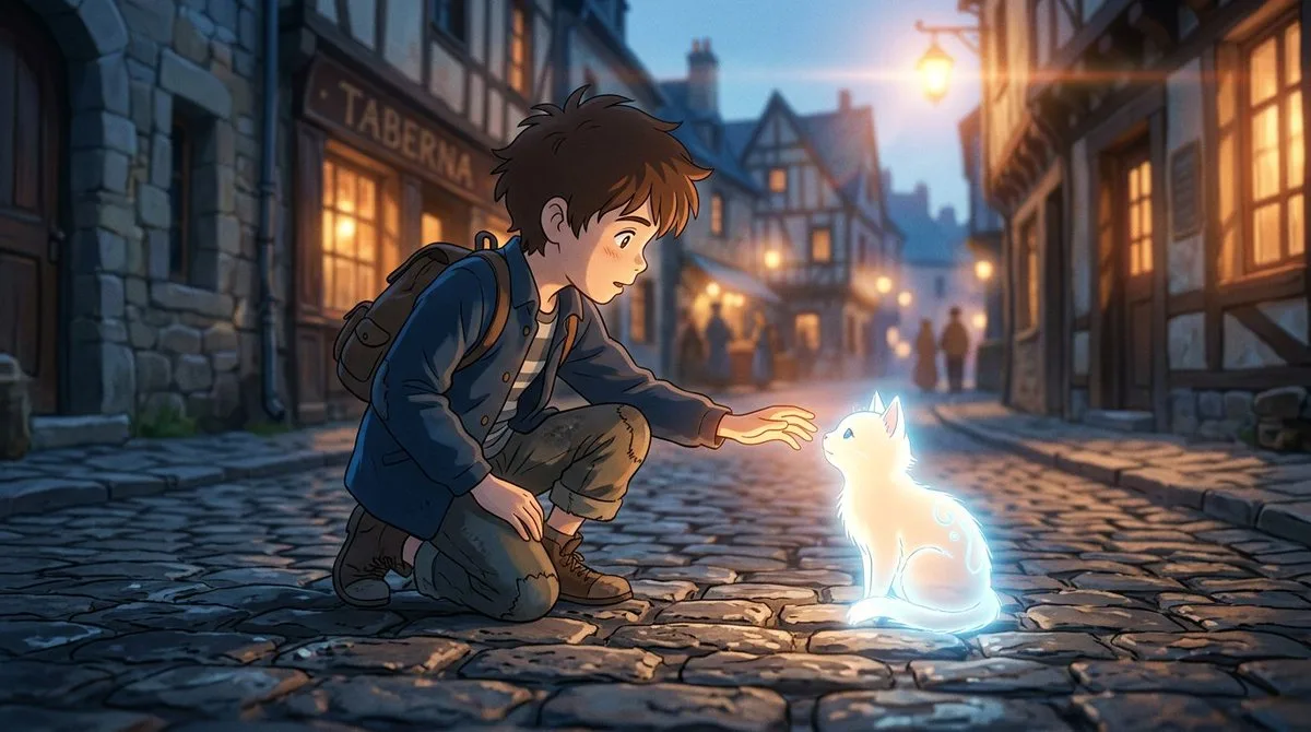 Anime Boy with Spirit Cat in European Alley