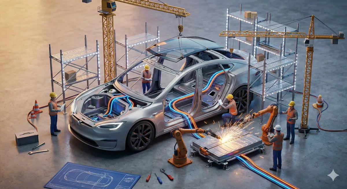 Miniature Construction Workers Assembling Products