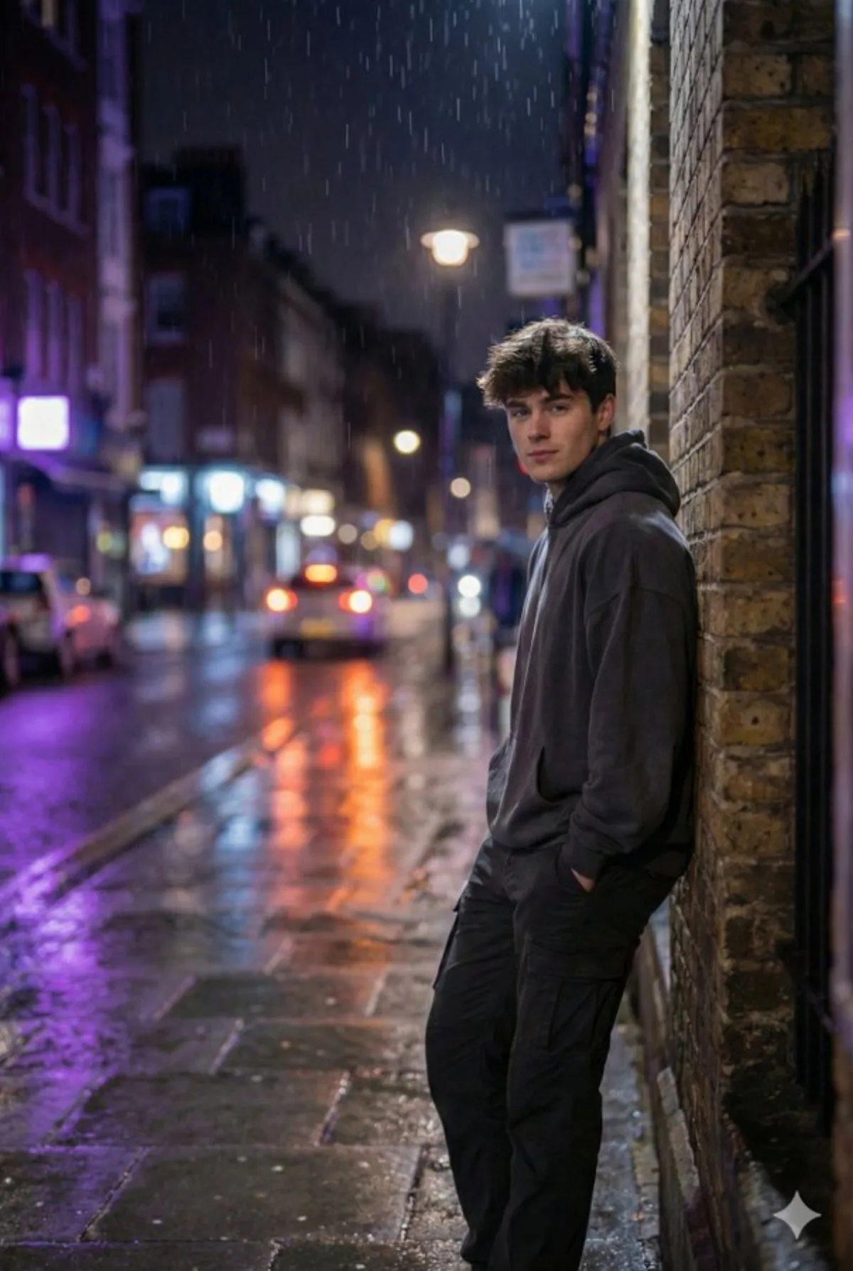 A Hero Urban Youth in Neon Rainy Night