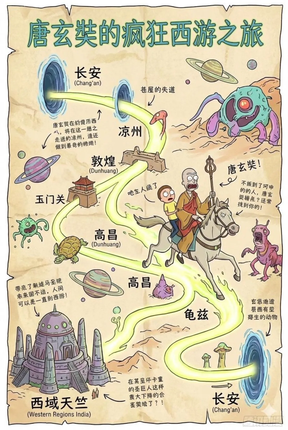 Modern Journey to the West route in Rick and Morty style prompt