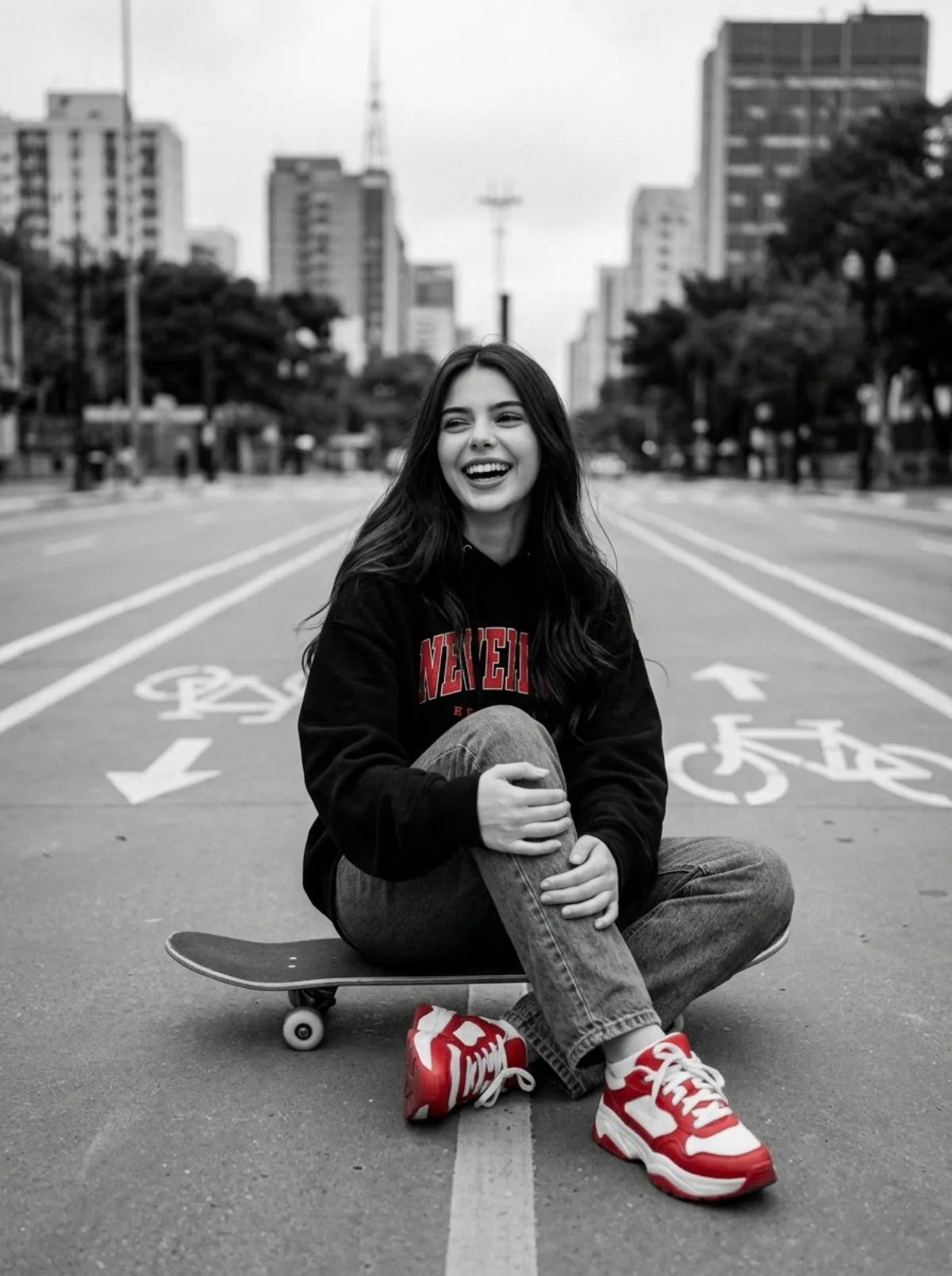 Cinematic Black, White, and Red Skater Portrait - Modern Style