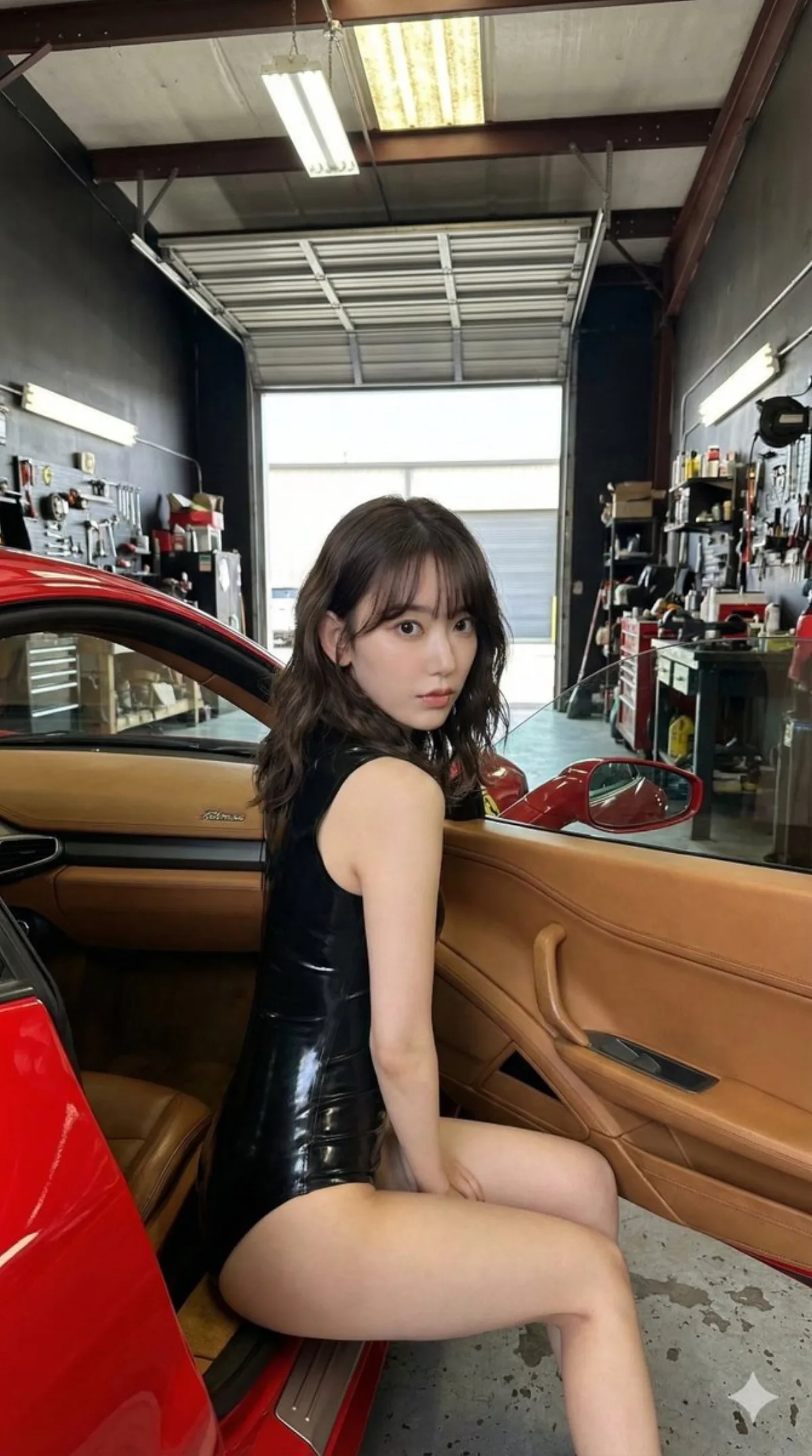 Sakura Miyawaki in a Red Sports Car Garage - Studio-Grade Style